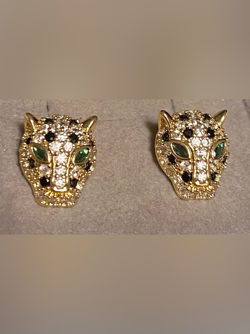 Fashion Jewelry 14K Gold Plated Leopard Head Stud Earrings /Green Eyes/Crystals